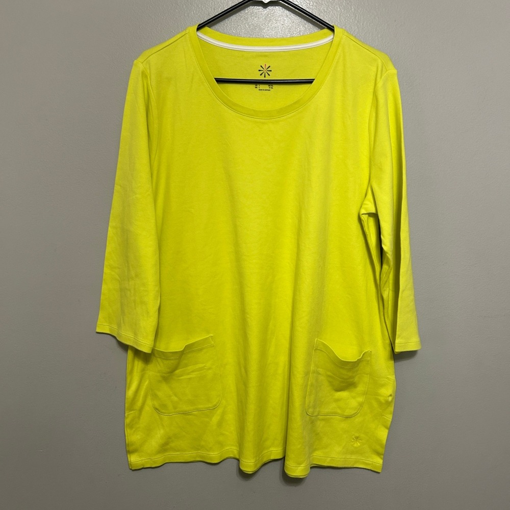 Isaac Mizrahi Tunic Women L Yellow 3/4 Sleeve Cotton Pockets Neon Casual Modest